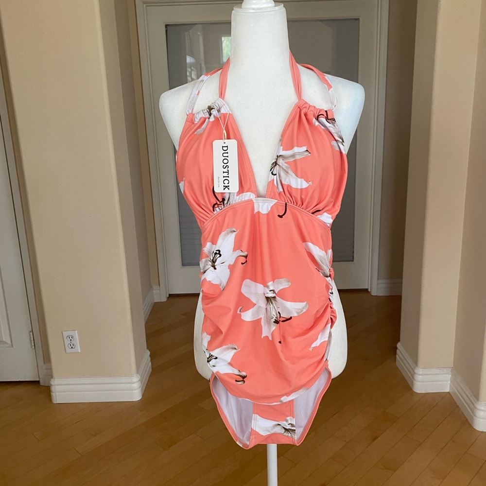 NWT Peach Floral One Piece Swimwear with Halter Design